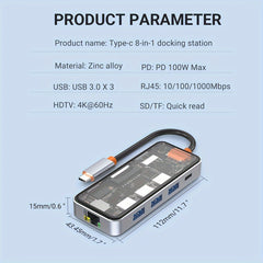 8-in-1 USB-C Docking Station with 1 USB-C and 3 USB-A Ports