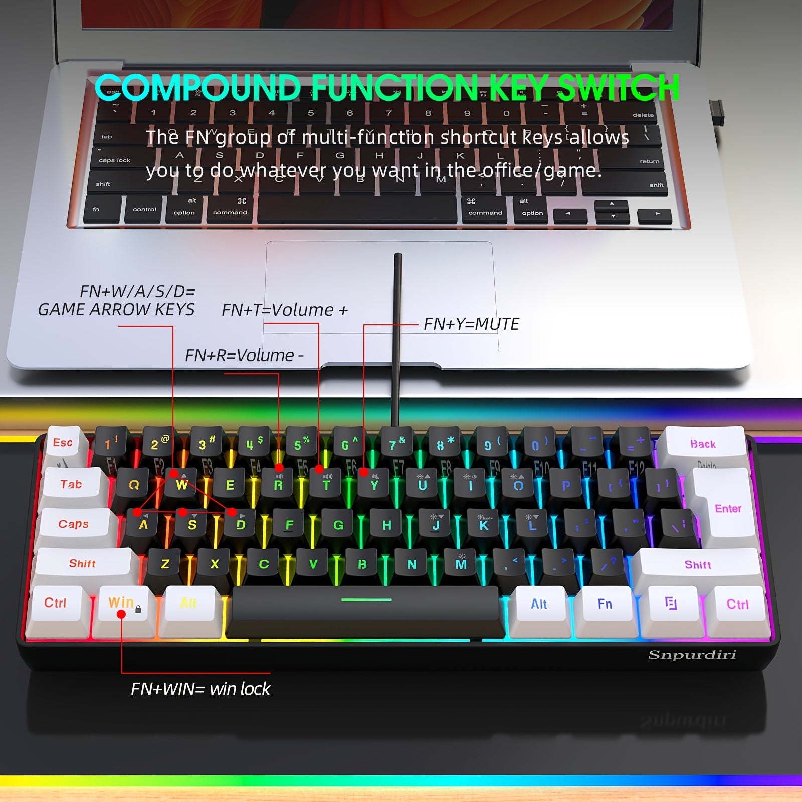 Snpurdiri 60% Wired Gaming Keyboard RGB Backlit Compact