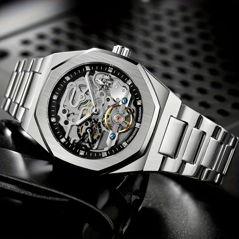 Automatic Mechanical Watch with Hollow Design - Luxury Rhinestone-Encrusted, Stainless Steel Band