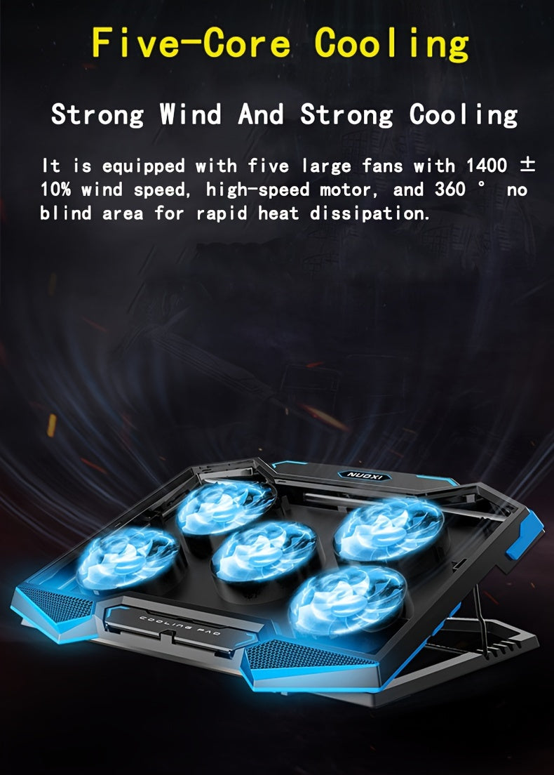 Coolcold-Laptop Cooling Pad, 5Silent Fans, 7 Height, Wind Speed, Adjustable Cooler