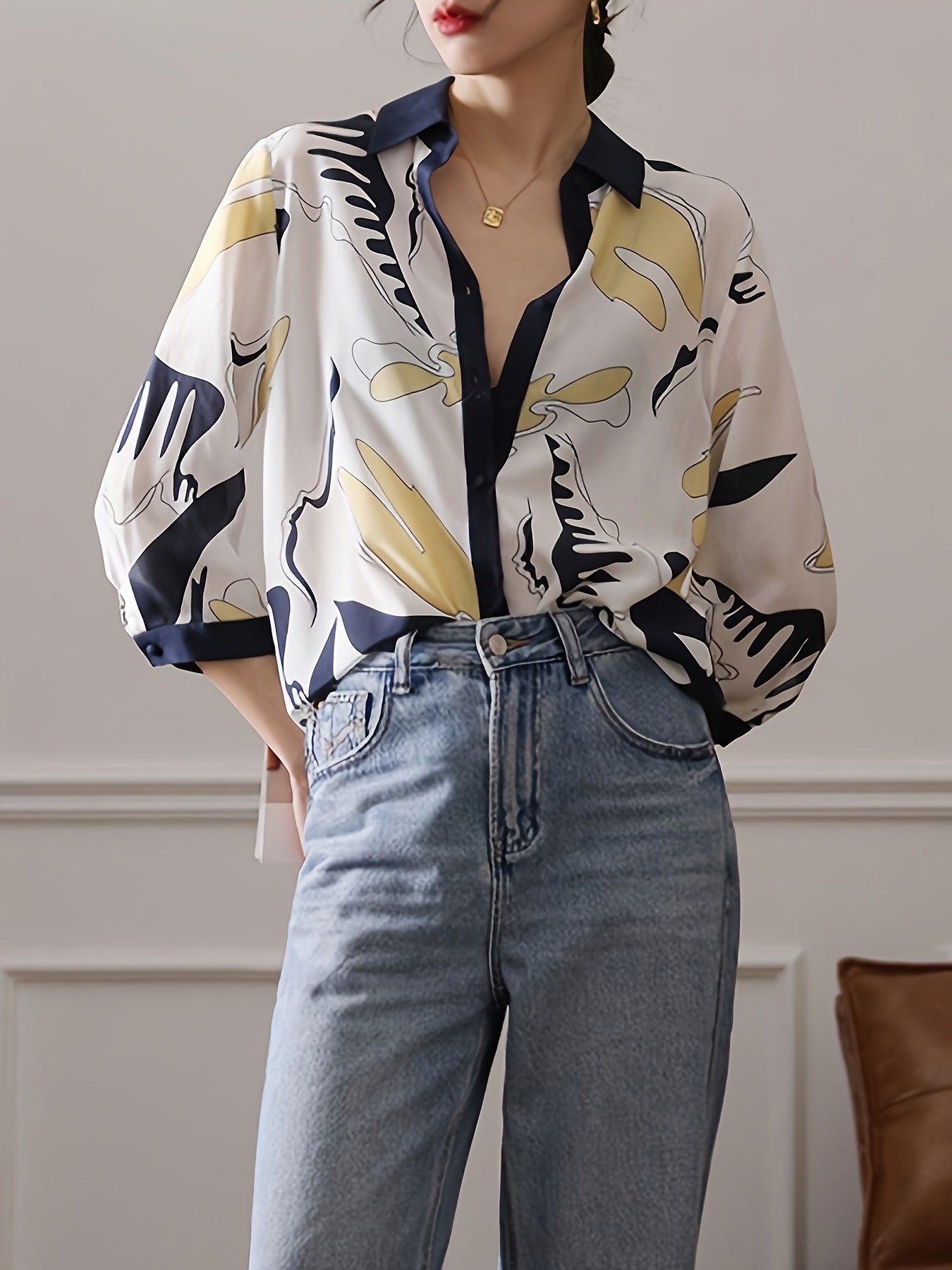 Abstract Print Color Block Blouse, Elegant Single Breasted Loose Blouse For Spring & Fall, Women's Clothing