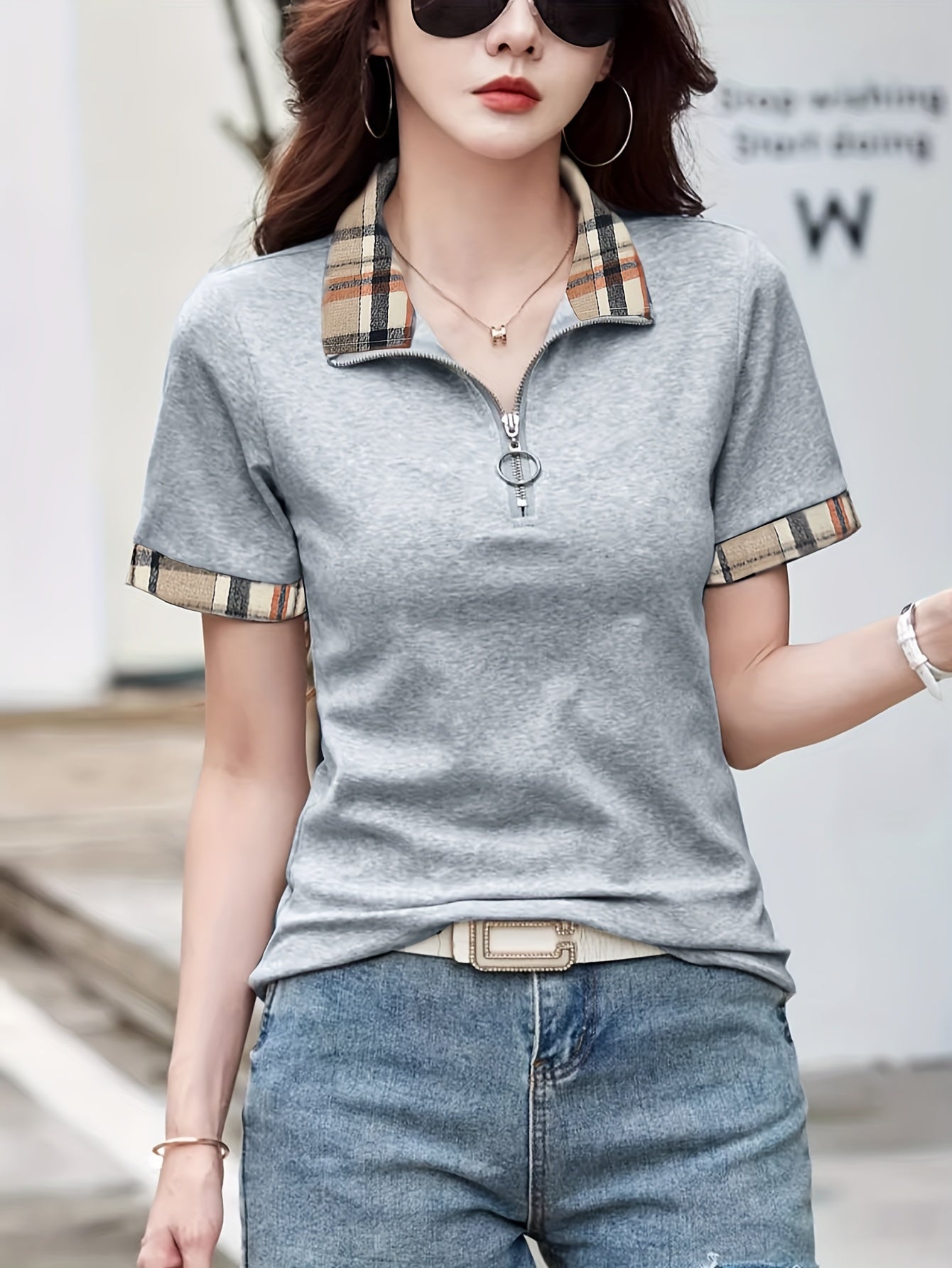 Patchwork Print Collared T-Shirt, Casual Short Sleeve T-Shirt For Summer, Women's Clothing