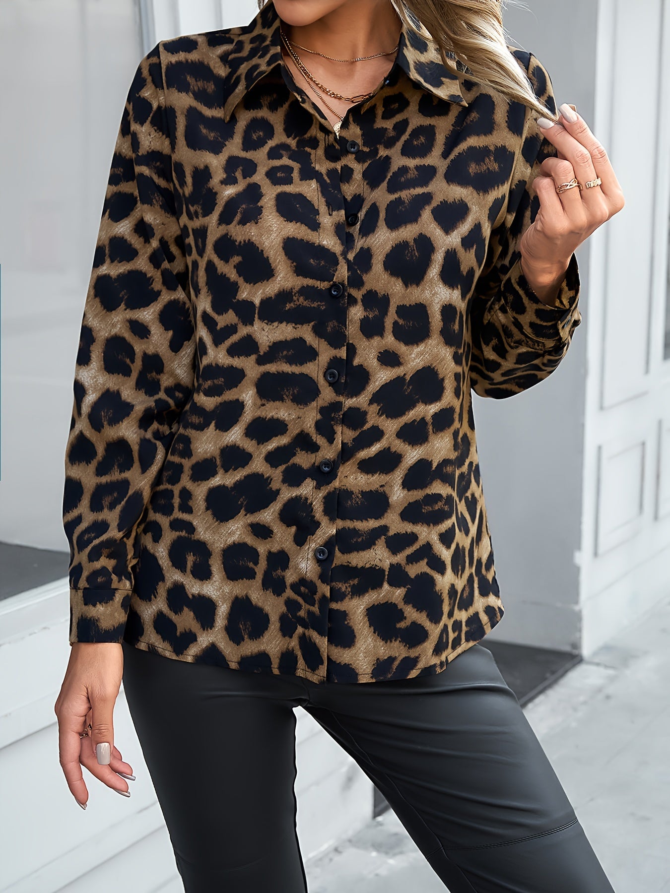 Trendy Leopard Print Polo Collar Shirt - Button-Down Long Sleeve for Chic Spring & Fall Style - Womens Fashion Clothing