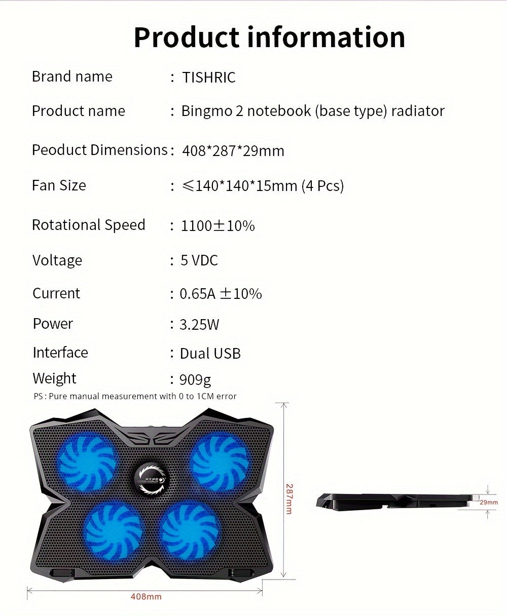 TISHRIC Laptop Cooling Stand with 4 Fans and Dual USB Ports