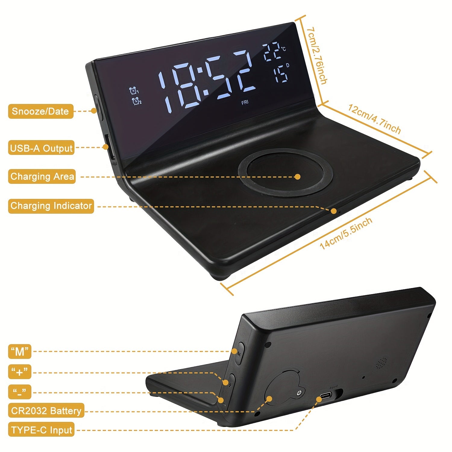 Alarm Clock With Wireless Charger, Calendar, Temperature, Date Display, Dual Alarm, Wireless Charging