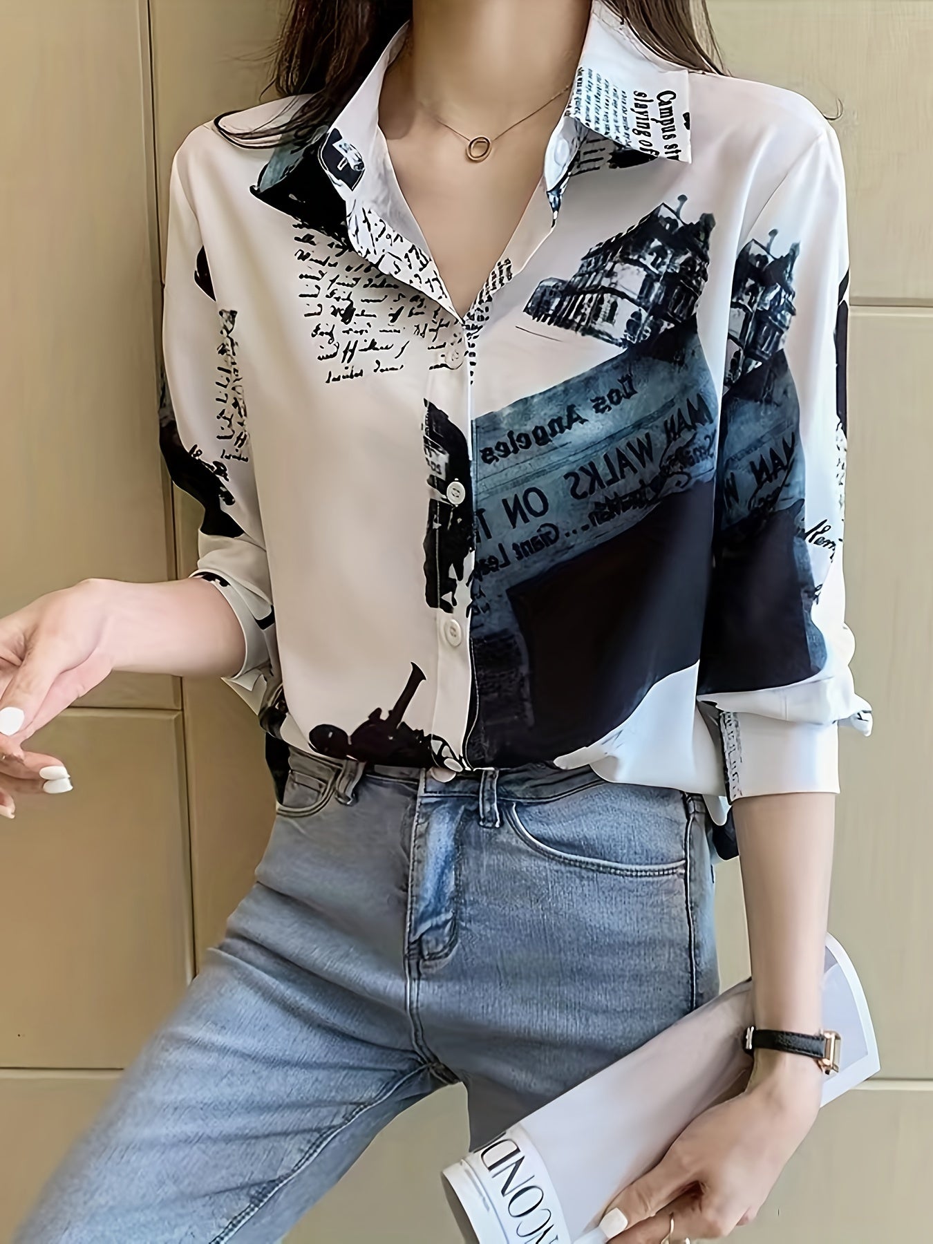 Graphic Print Button Front Shirt, Casual Long Sleeve Lapel Shirt, Women's Clothing