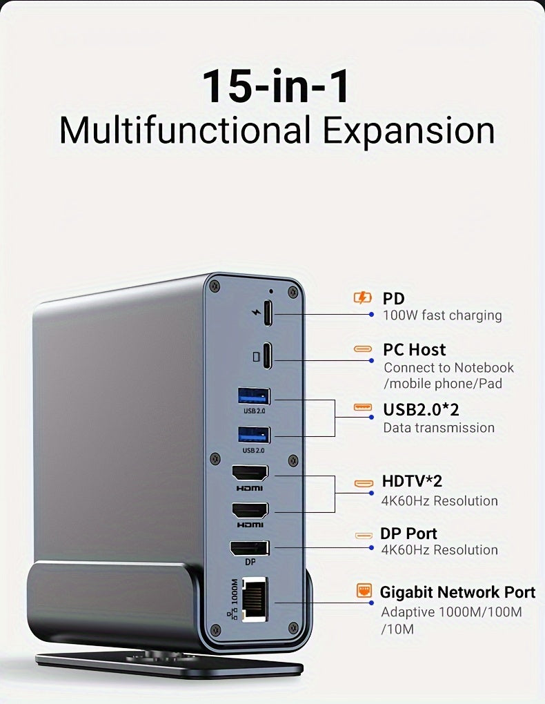 15-in-1 USB-C Vertical Docking Station, Aluminum Shell, USB 2.0/3.0