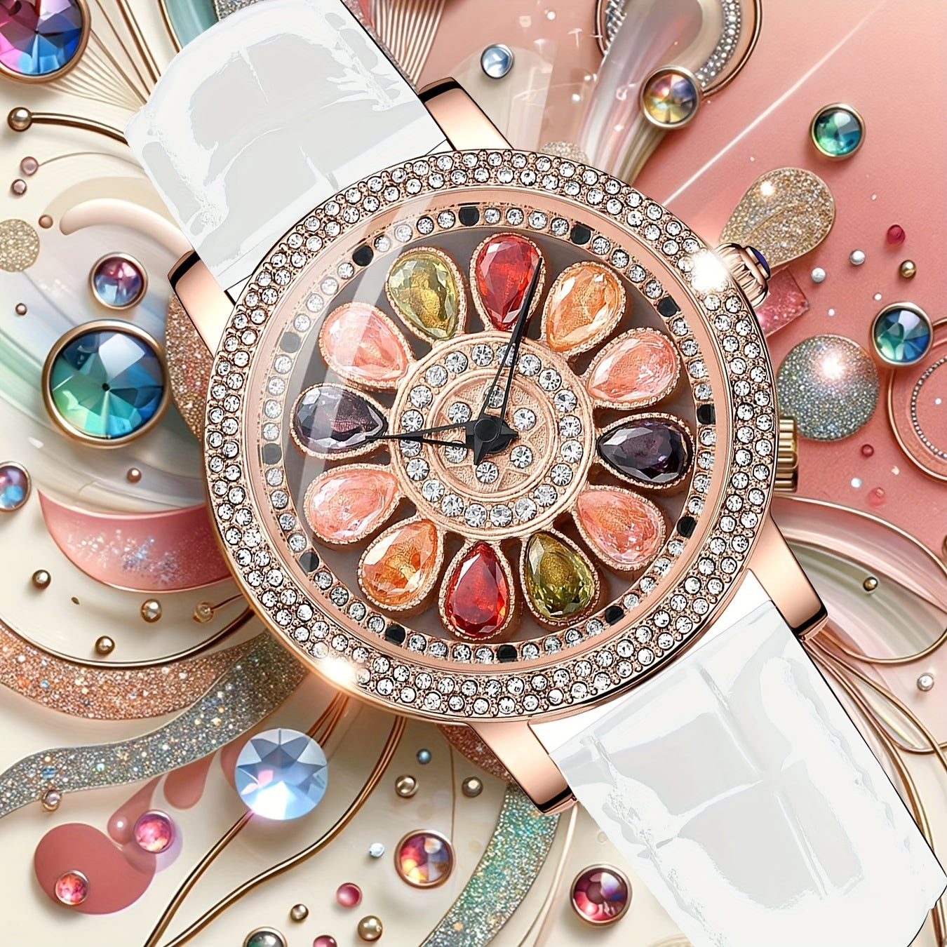 Women's Rhinestone Quartz Watch Rotating Flower Dial