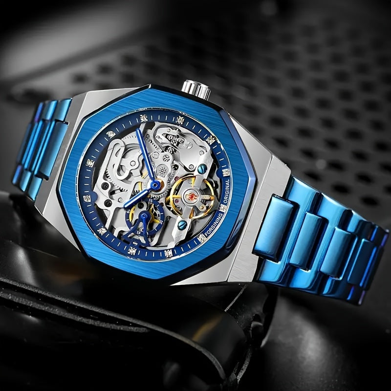 Automatic Mechanical Watch with Hollow Design - Luxury Rhinestone-Encrusted, Stainless Steel Band