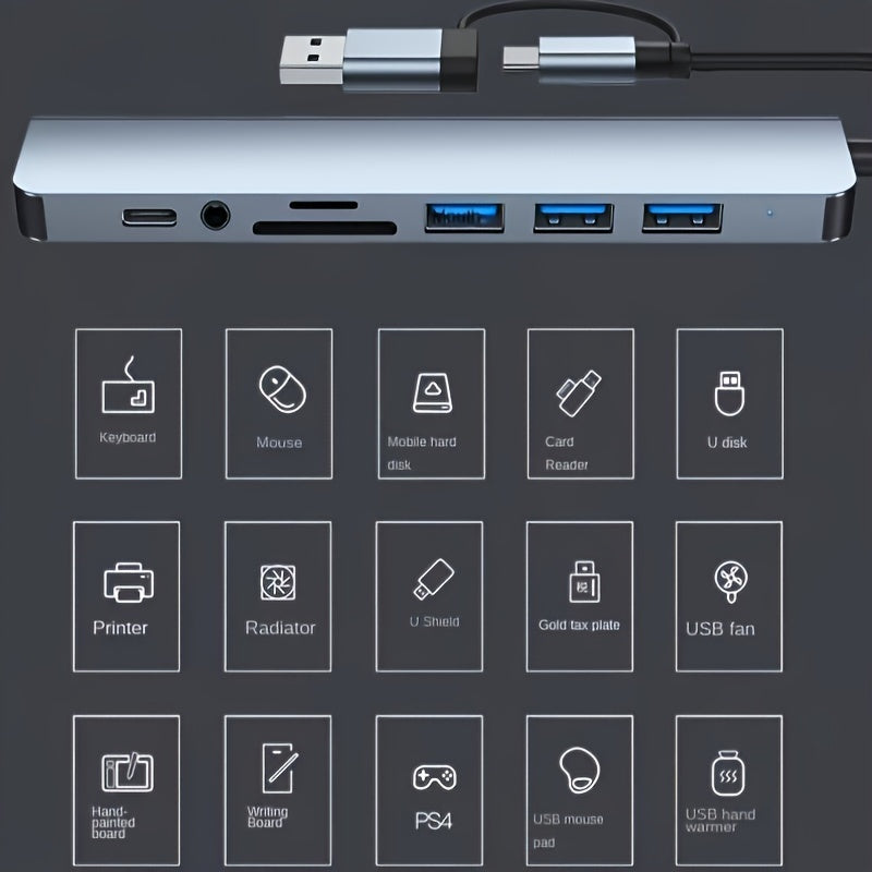 Hub With USB And Type C Interfaces, Featuring 8 Ports