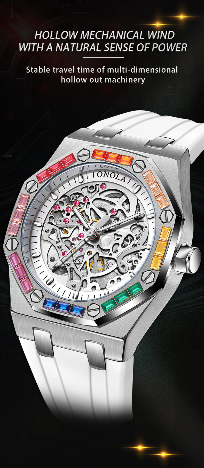 ONOLA Fashion New Rainbow Rhinestone Automatic Mechanical Watch