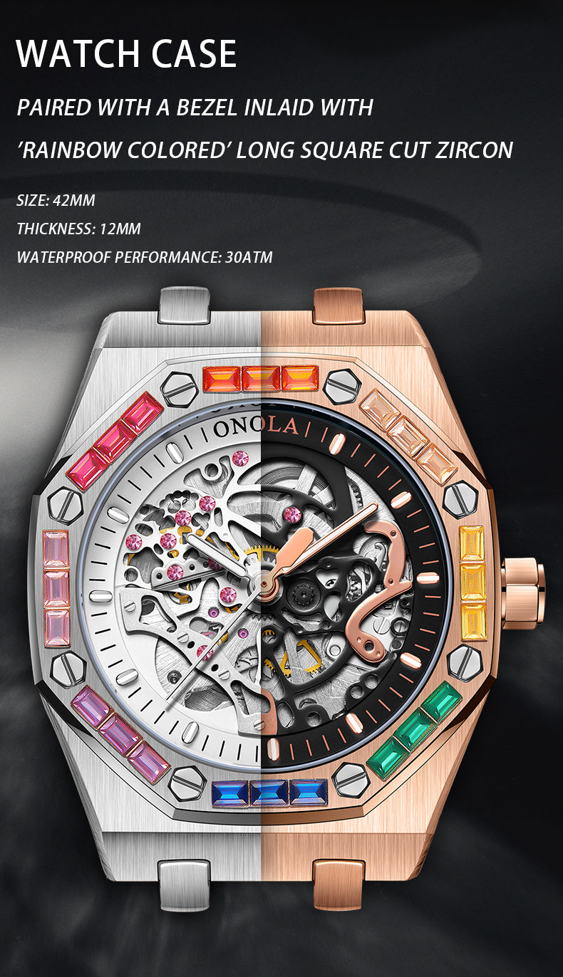 ONOLA Fashion New Rainbow Rhinestone Automatic Mechanical Watch