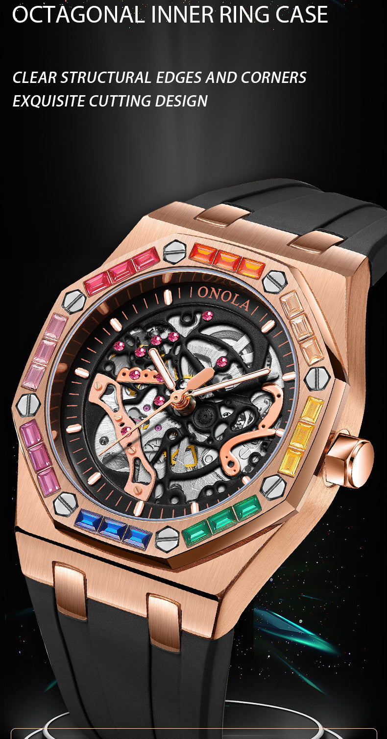 ONOLA Fashion New Rainbow Rhinestone Automatic Mechanical Watch