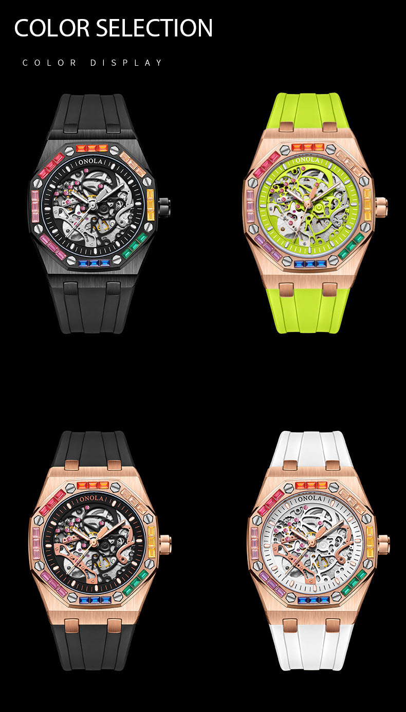 ONOLA Fashion New Rainbow Rhinestone Automatic Mechanical Watch