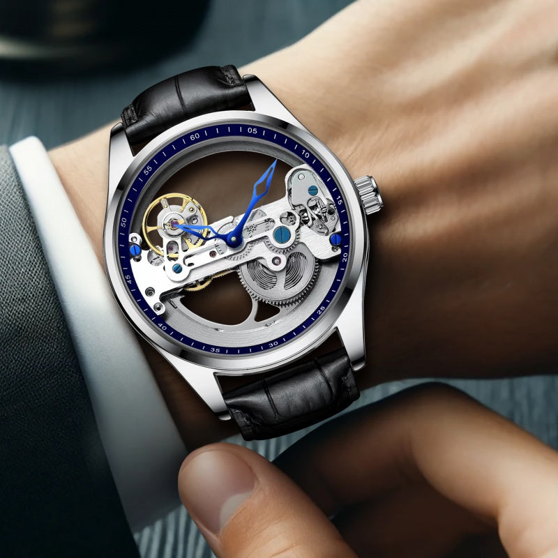 Men's Silver Black Alloy Tourbillon Automatic Mechanical Watch