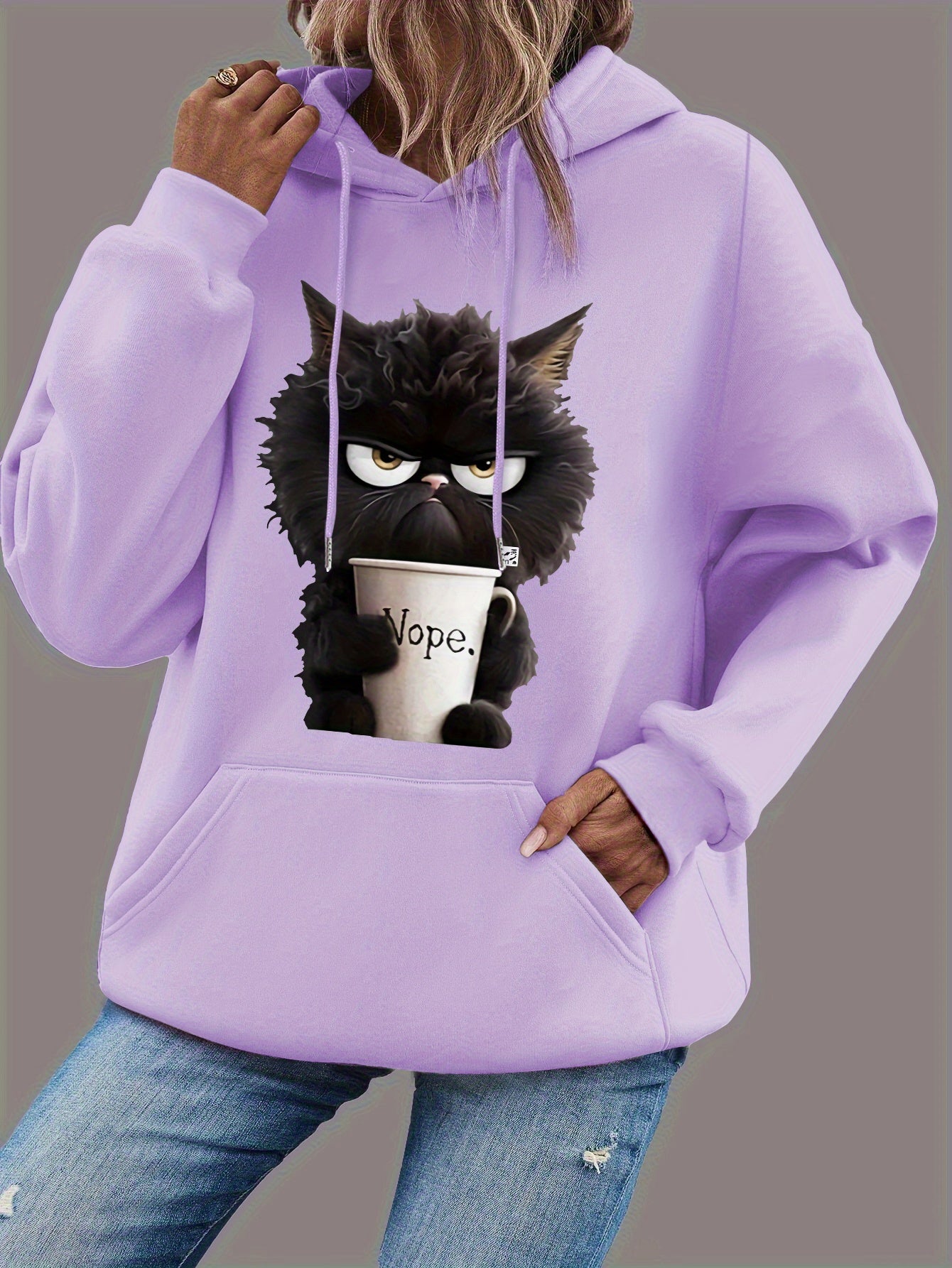 Cat Print Long Sleeve Hoodie, Drawstring Casual Hooded Sweatshirt, Women's Clothing