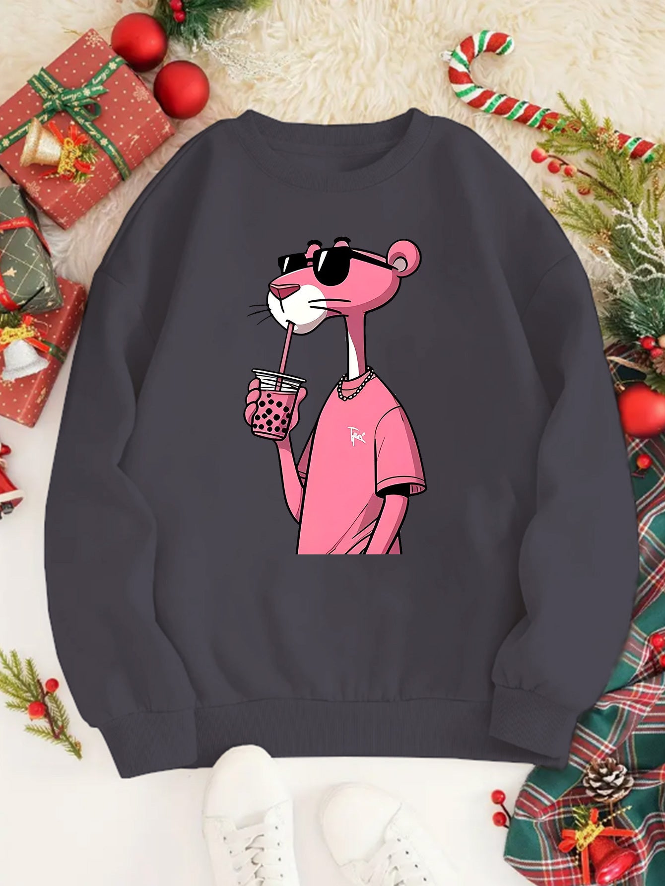 Cartoon Character Sweatshirt - Casual Round Neck Pullover Hoodie with Panther Print