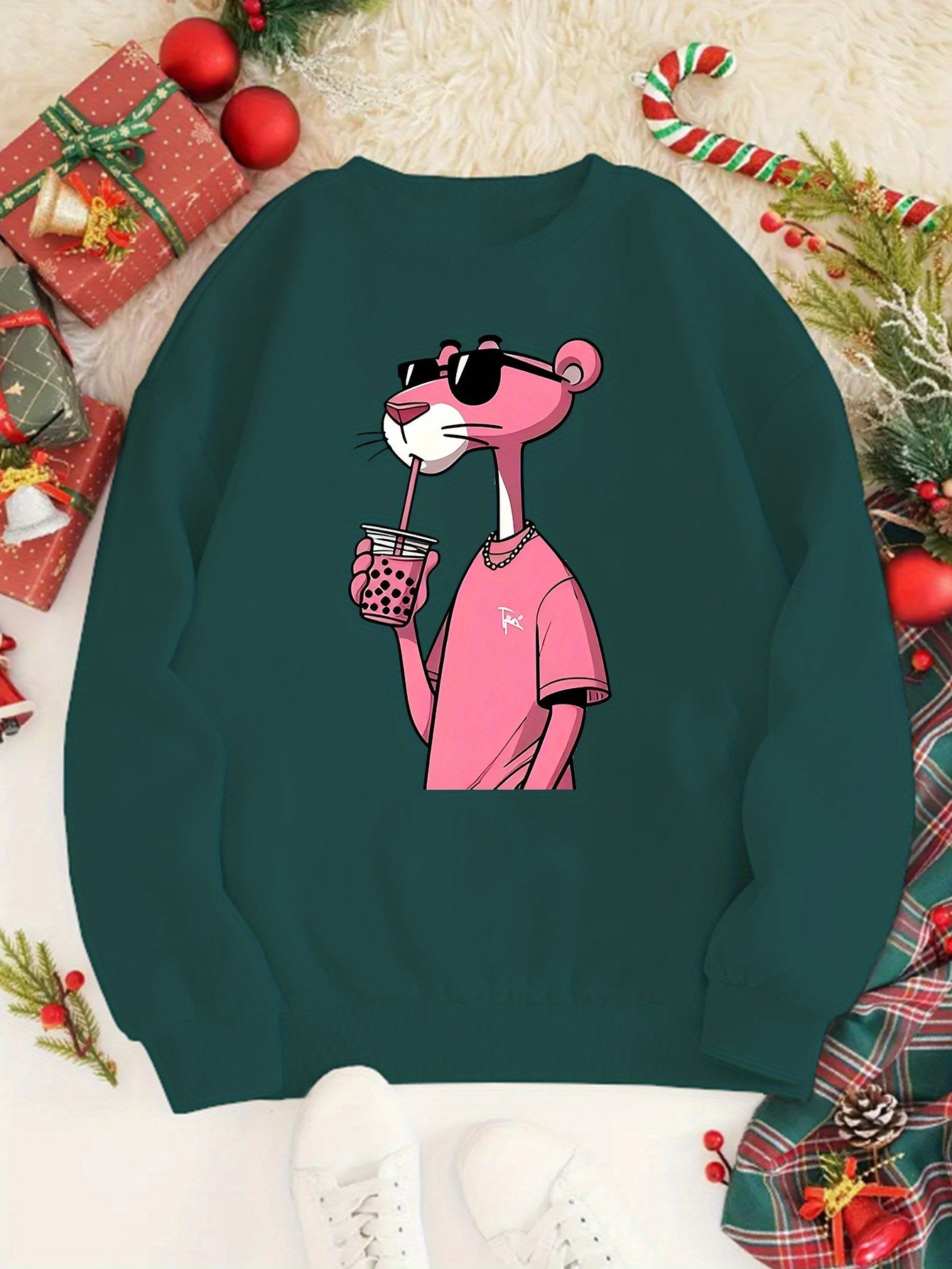 Cartoon Character Sweatshirt - Casual Round Neck Pullover Hoodie with Panther Print