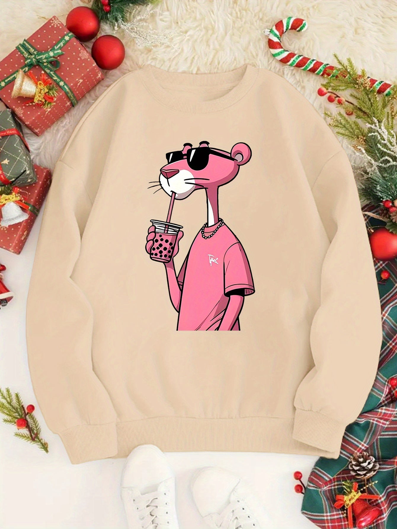 Cartoon Character Sweatshirt - Casual Round Neck Pullover Hoodie with Panther Print