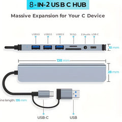 Hub With USB And Type C Interfaces, Featuring 8 Ports