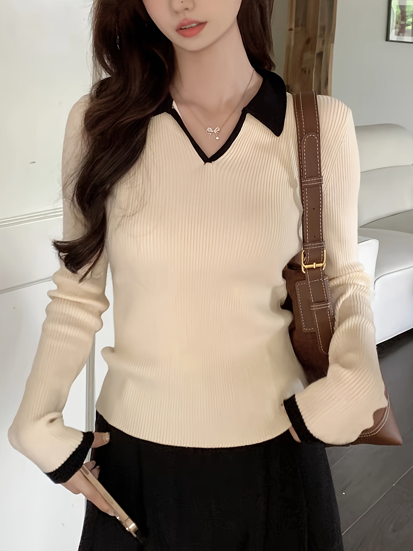 Contrast Trim Ribbed Collared Sweater, Elegant Long Sleeve Sweater, Women's Clothing