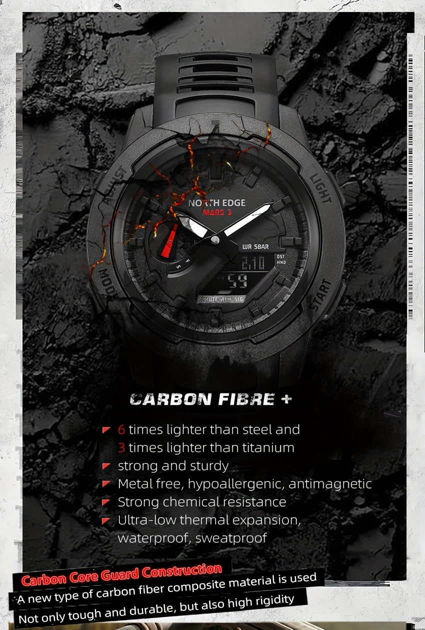 1pc NORTH EDGE MARS3 Men's Watch - Carbon Fiber Case, 45mm, Dual Display, Stopwatch, Alarm, World Time, Night Light,, Silicone Strap, for Outdoor Sports, with CR2016 Battery, TPU Band, FSTN Screen