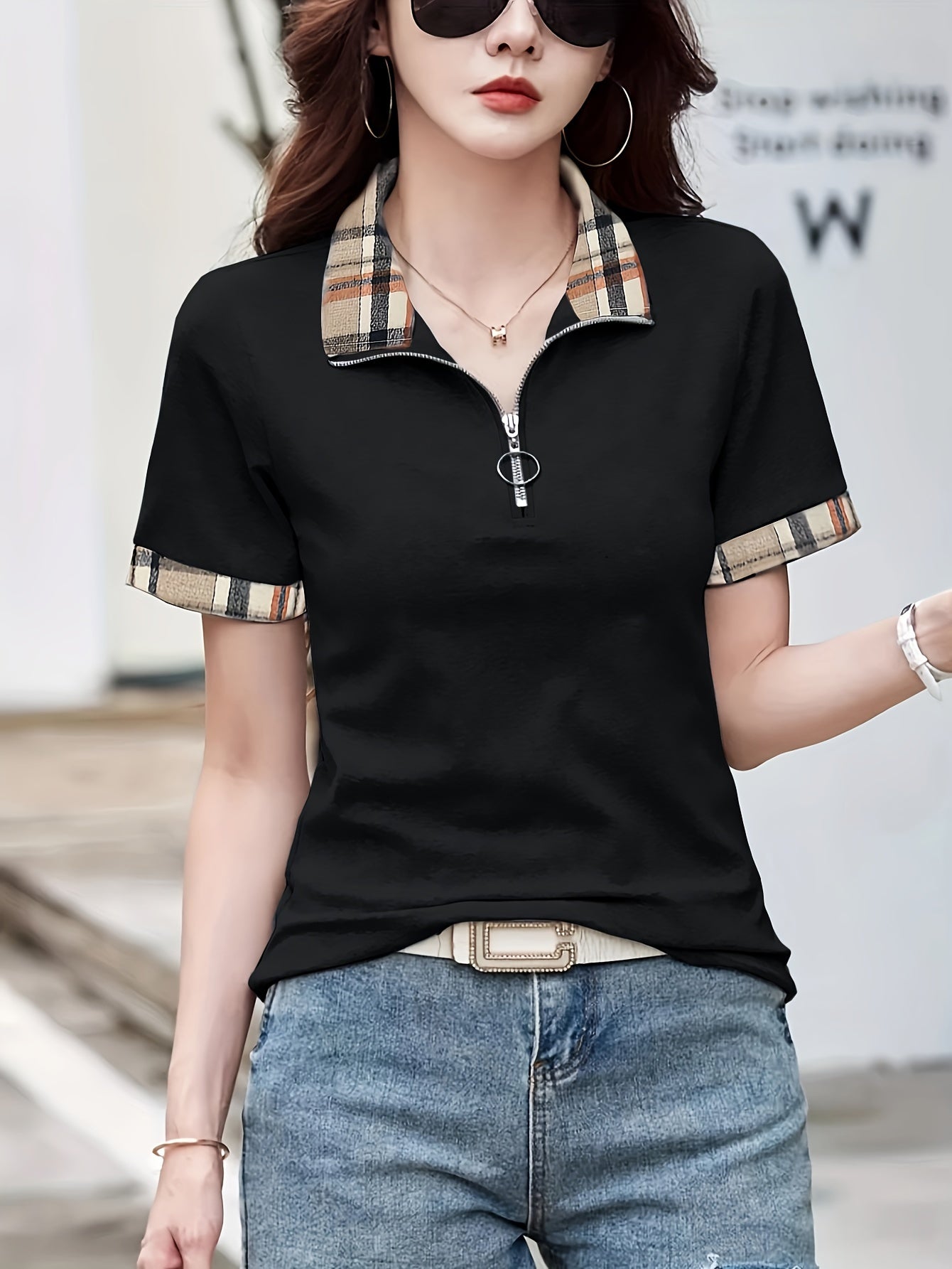 Patchwork Print Collared T-Shirt, Casual Short Sleeve T-Shirt For Summer, Women's Clothing