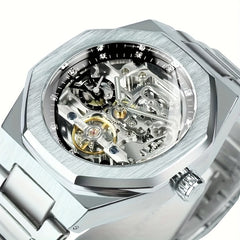 Automatic Mechanical Watch with Hollow Design - Luxury Rhinestone-Encrusted, Stainless Steel Band