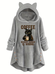 Cat & Slogan Print Teddy Hoodie, Casual Long Sleeve Button Decor Hoodie Sweatshirt, Women's Clothing