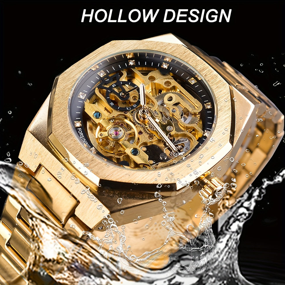 Forsining Men's Silvery Automatic Watch - 3D Rhinestone Skeleton, Stainless Steel, Sporty & Casual Tourbillon Design