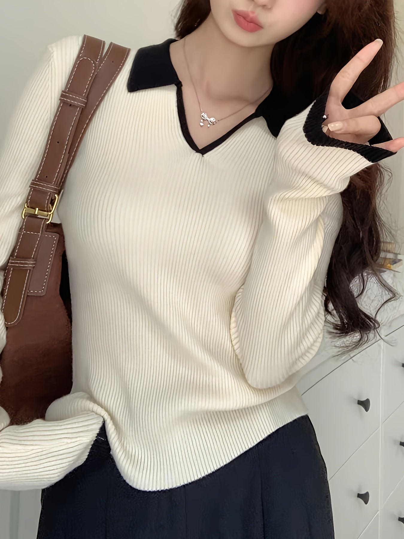 Contrast Trim Ribbed Collared Sweater, Elegant Long Sleeve Sweater, Women's Clothing