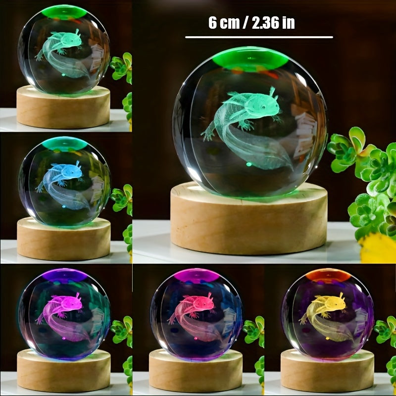 3D Axolotl Crystal Ball, Wooden Light Base