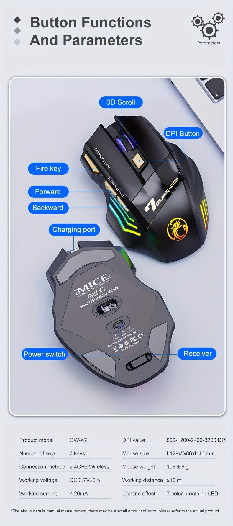 Wireless Gaming Mouse 3200DPI Rechargeable Silent Mouse