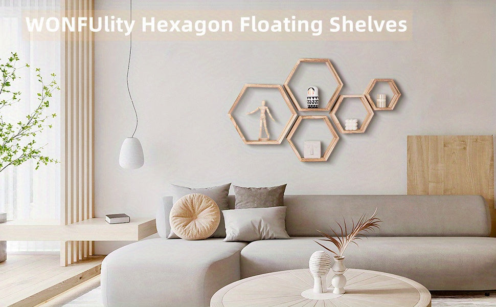 5pcs Hexagon Floating Shelves - Wall Mounted