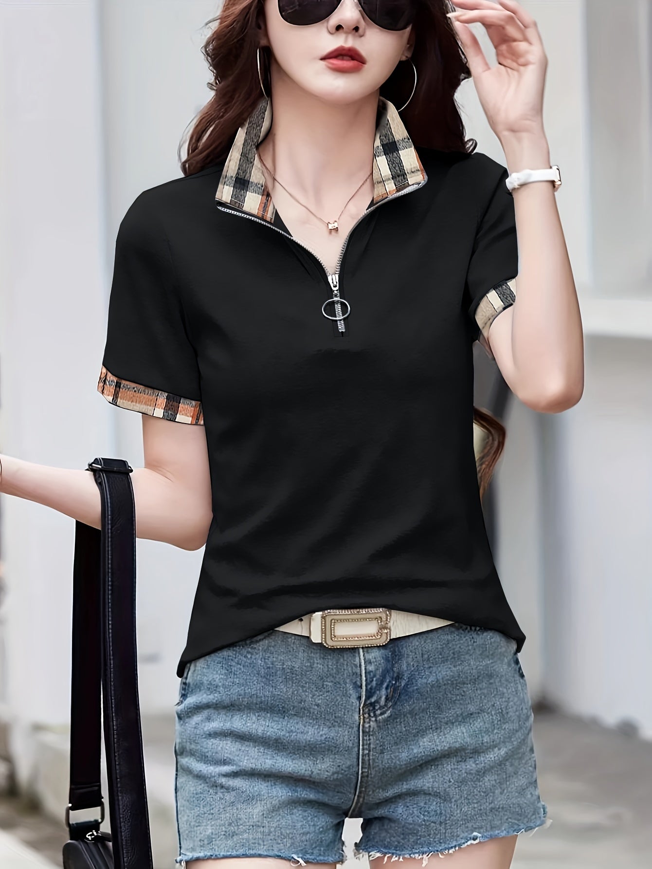 Patchwork Print Collared T-Shirt, Casual Short Sleeve T-Shirt For Summer, Women's Clothing