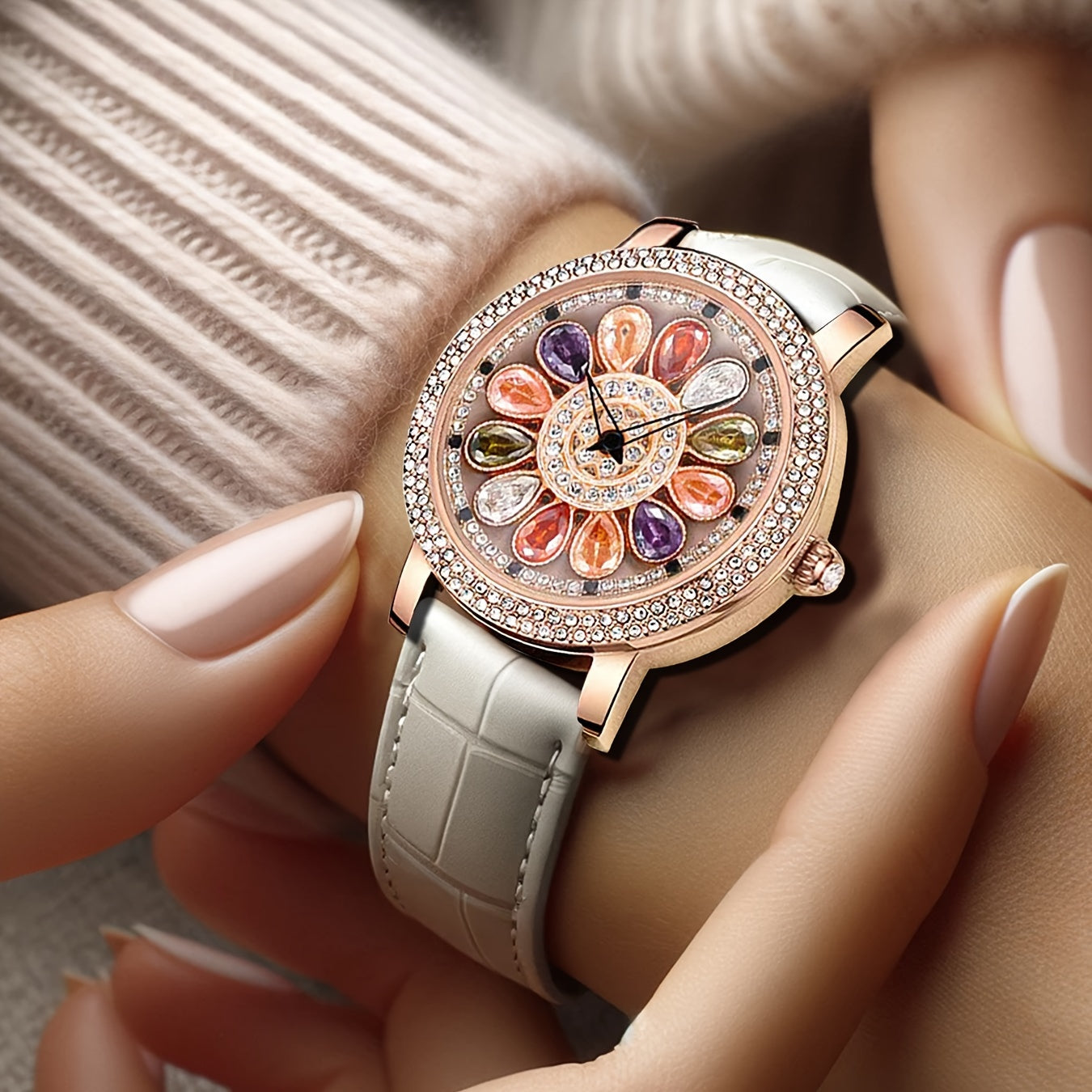 Women's Rhinestone Quartz Watch Rotating Flower Dial