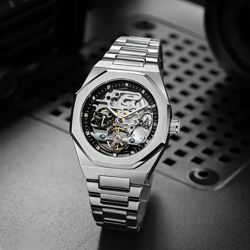 Automatic Mechanical Watch with Hollow Design - Luxury Rhinestone-Encrusted, Stainless Steel Band