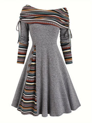 Ethnic Striped Splicing Dress, Elegant Off Shoulder Drawstring Dress, Women's Clothing