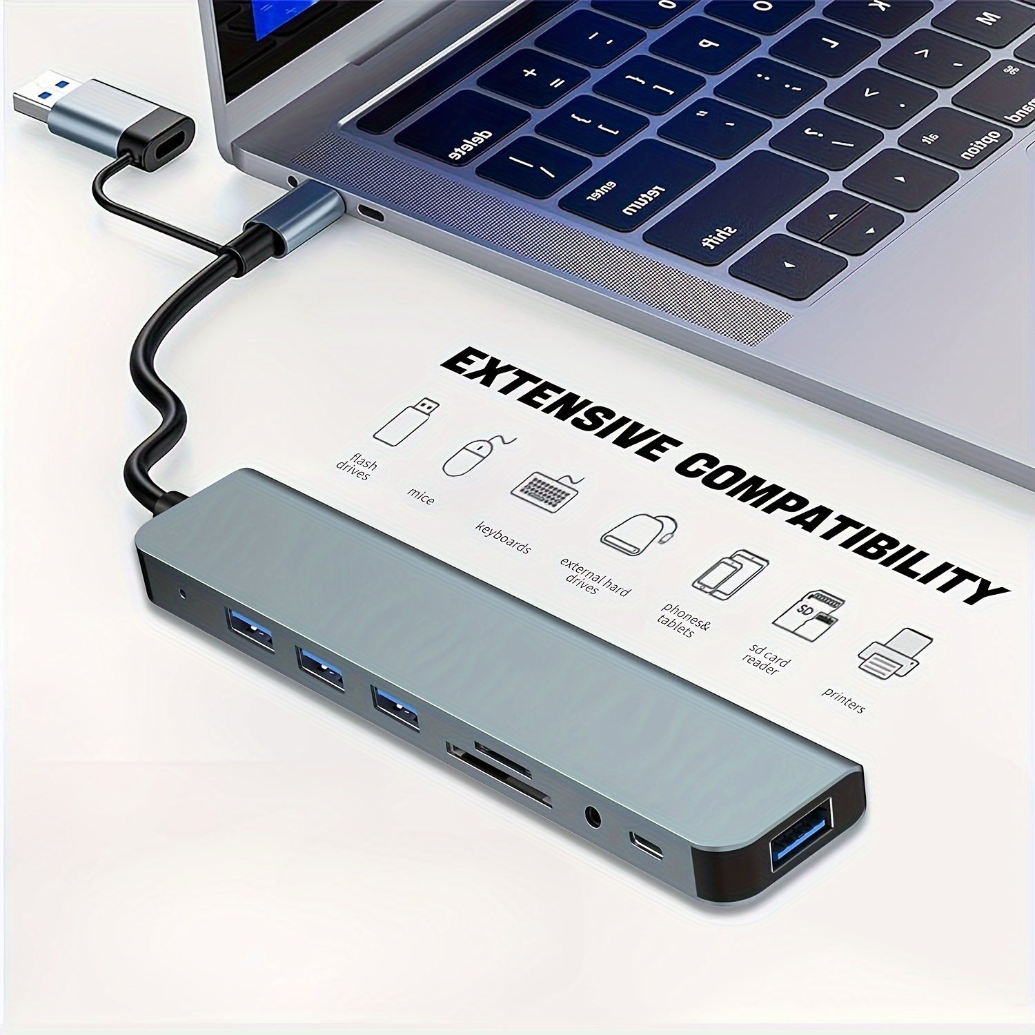 Hub With USB And Type C Interfaces, Featuring 8 Ports