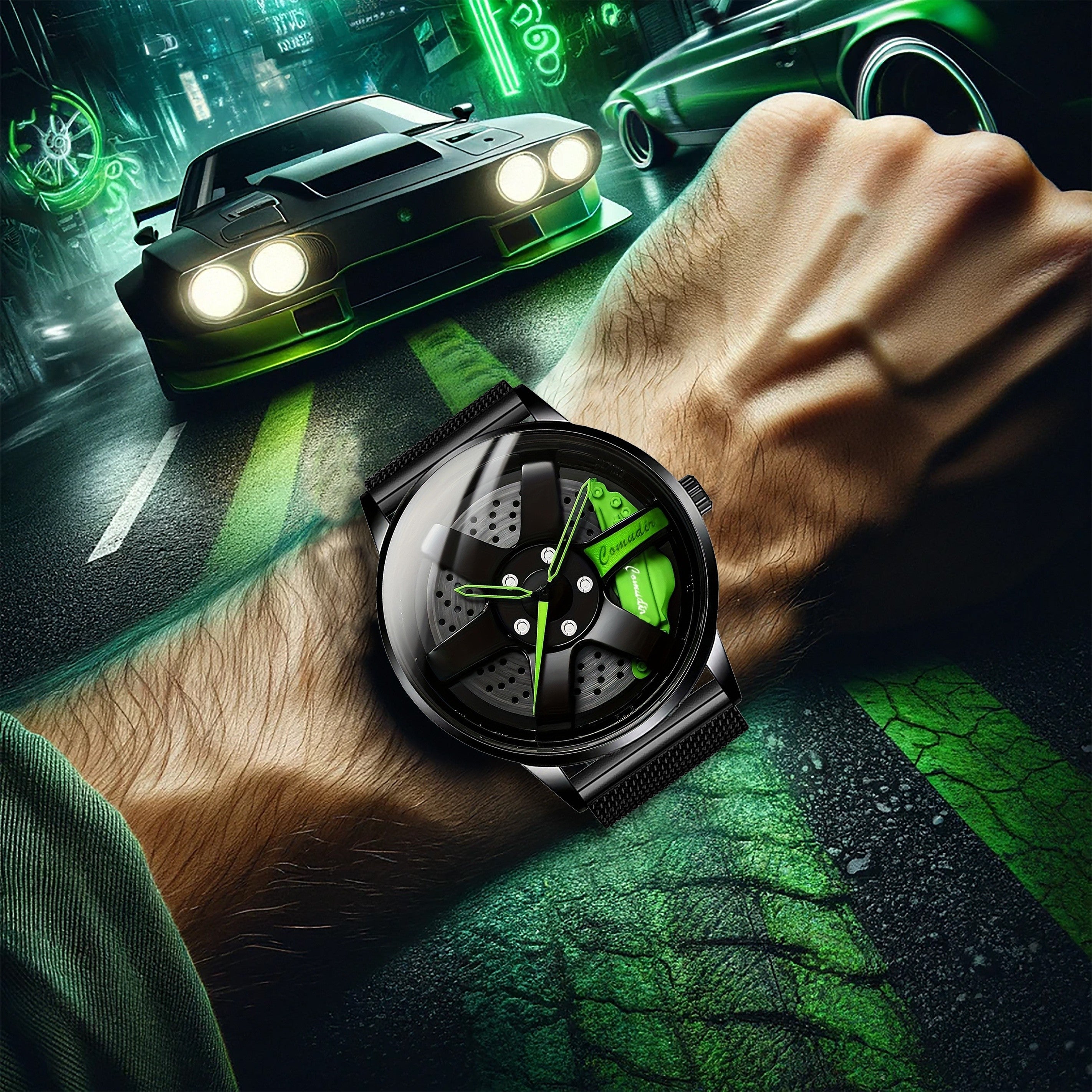 1pc Men's Black And Green Running Car Wheel Watch