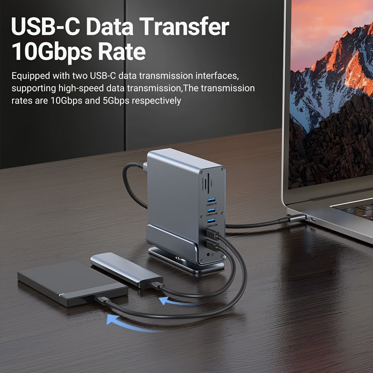 15-in-1 USB-C Vertical Docking Station, Aluminum Shell, USB 2.0/3.0