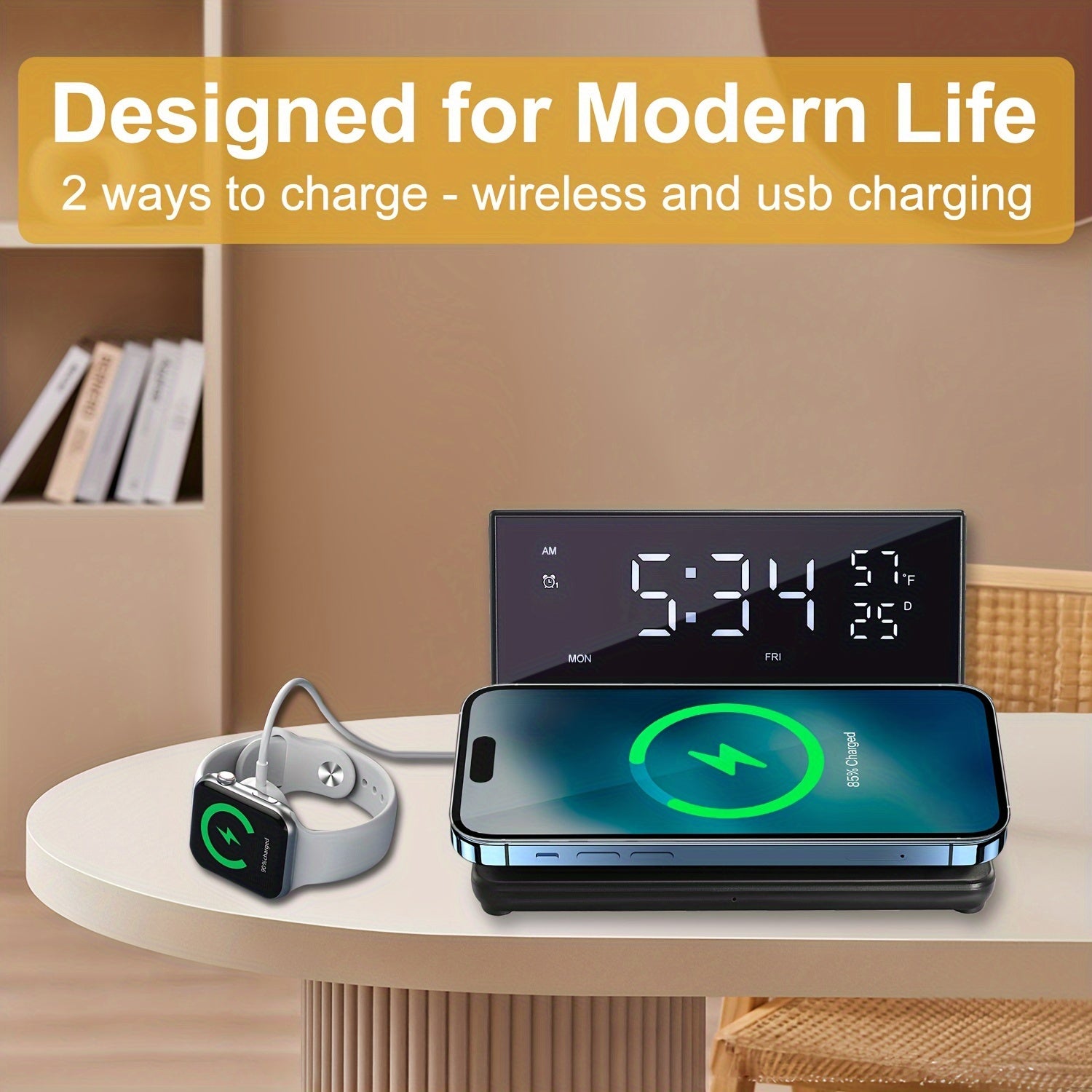 Alarm Clock With Wireless Charger, Calendar, Temperature, Date Display, Dual Alarm, Wireless Charging