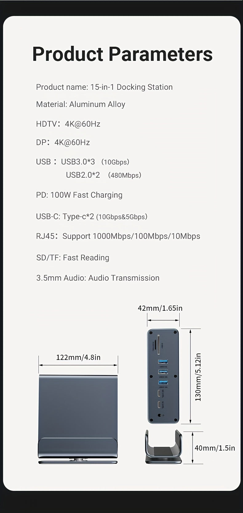 15-in-1 USB-C Vertical Docking Station, Aluminum Shell, USB 2.0/3.0