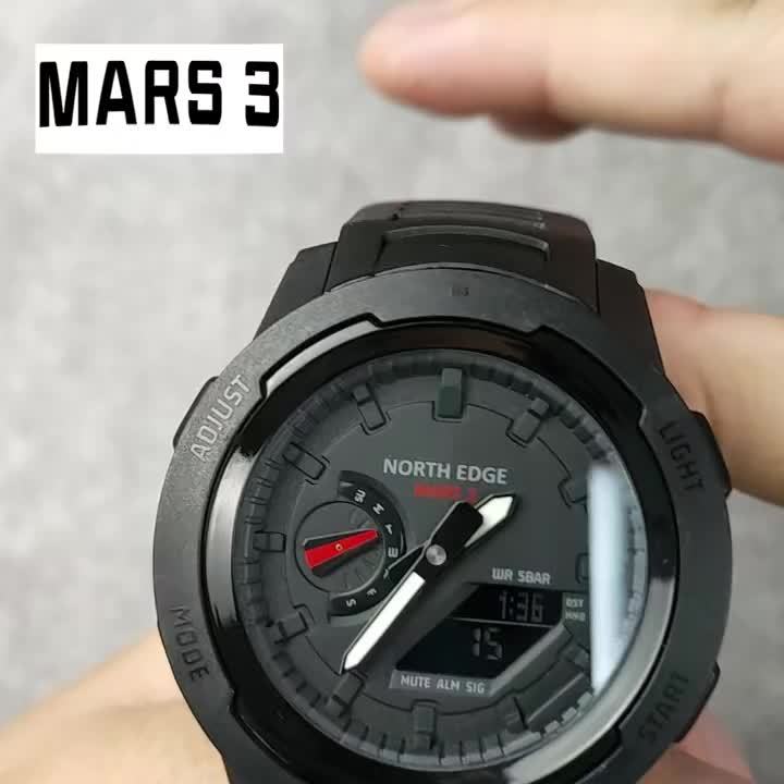 1pc NORTH EDGE MARS3 Men's Watch - Carbon Fiber Case, 45mm, Dual Display, Stopwatch, Alarm, World Time, Night Light,, Silicone Strap, for Outdoor Sports, with CR2016 Battery, TPU Band, FSTN Screen