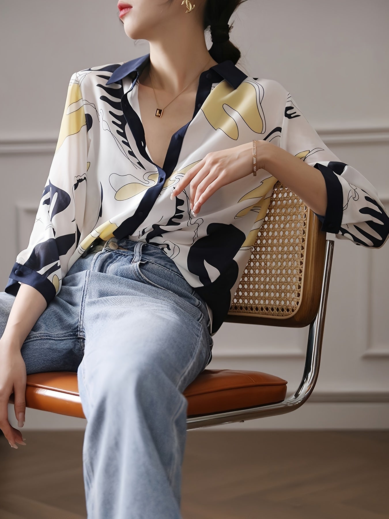 Abstract Print Color Block Blouse, Elegant Single Breasted Loose Blouse For Spring & Fall, Women's Clothing