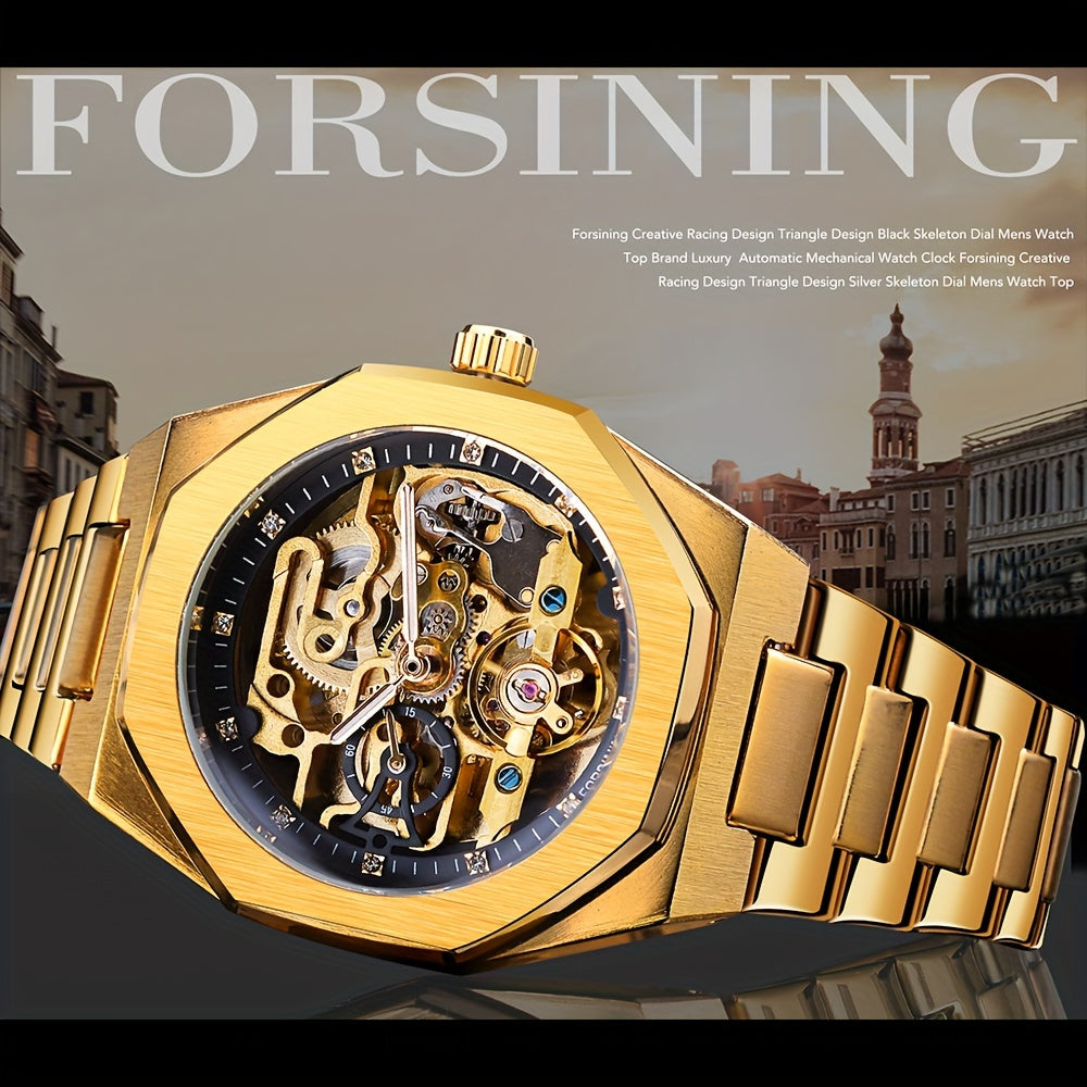 Forsining Men's Silvery Automatic Watch - 3D Rhinestone Skeleton, Stainless Steel, Sporty & Casual Tourbillon Design