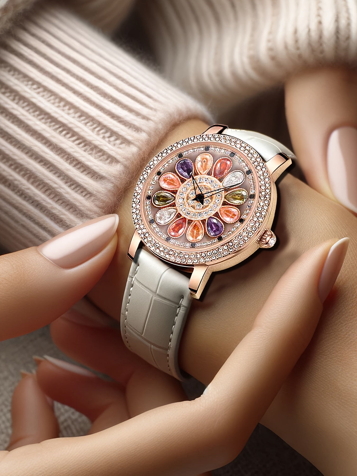 Women's Rhinestone Quartz Watch Rotating Flower Dial