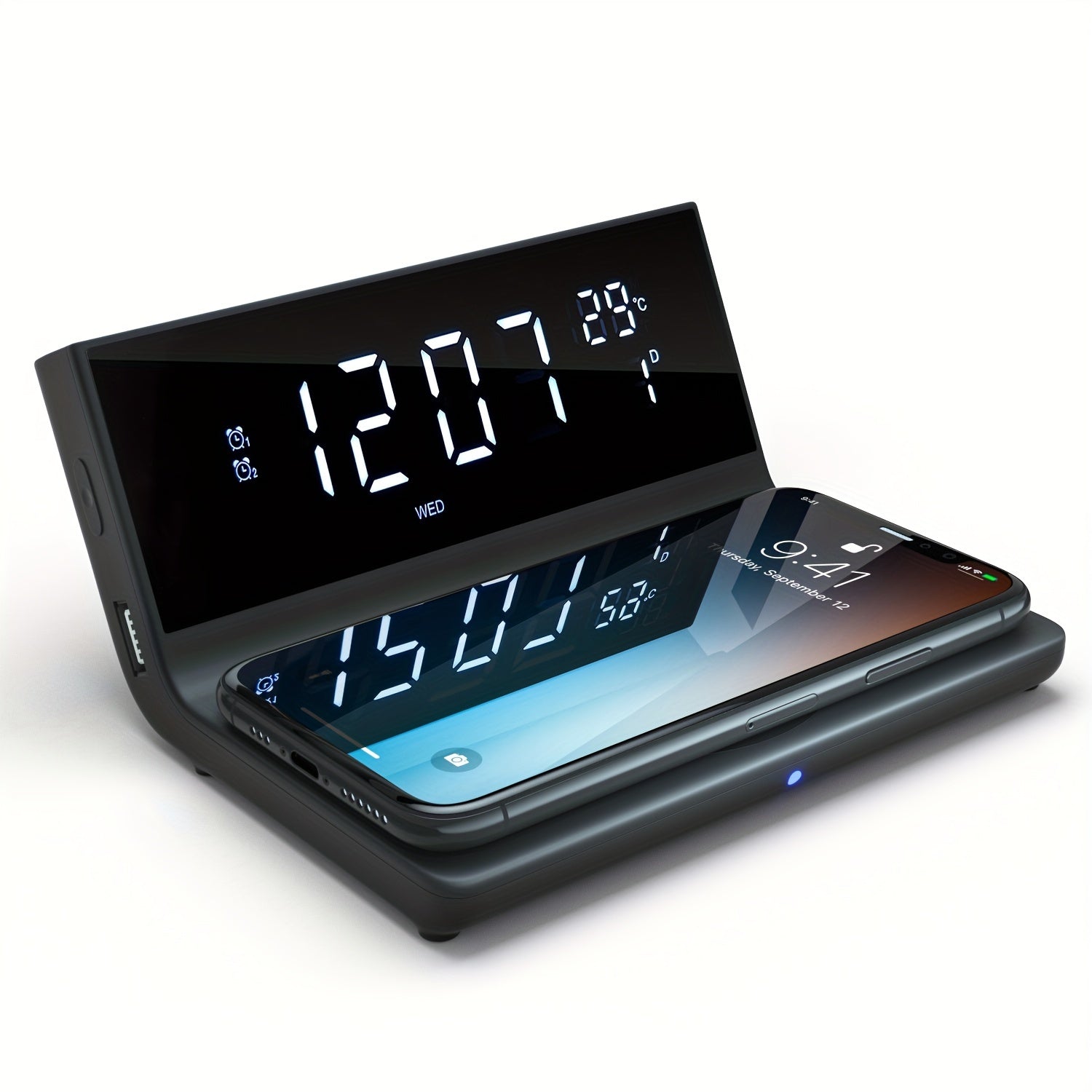 Alarm Clock With Wireless Charger, Calendar, Temperature, Date Display, Dual Alarm, Wireless Charging