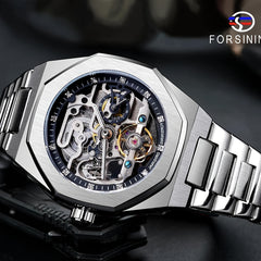 Forsining Men's Silvery Automatic Watch - 3D Rhinestone Skeleton, Stainless Steel, Sporty & Casual Tourbillon Design