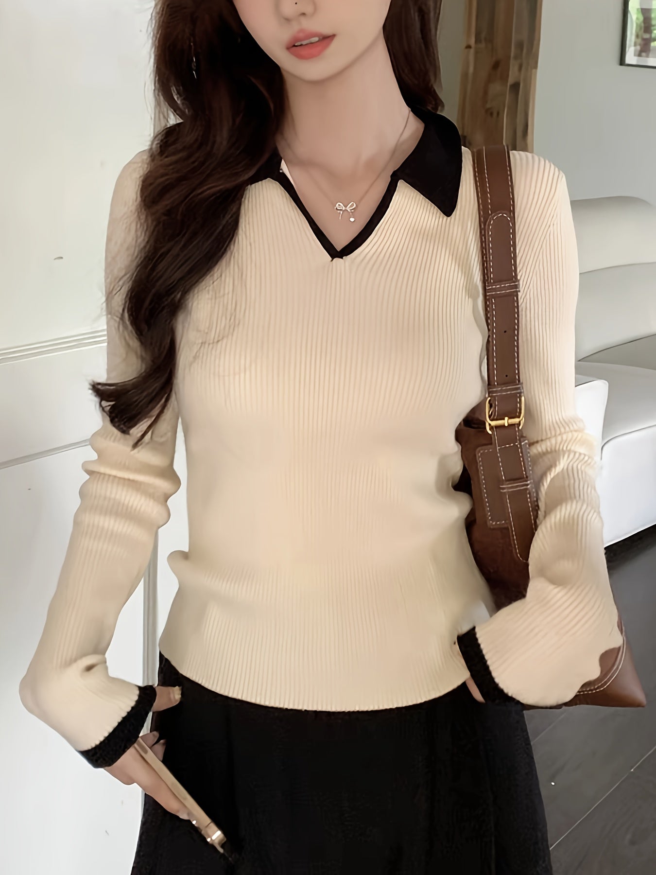 Contrast Trim Ribbed Collared Sweater, Elegant Long Sleeve Sweater, Women's Clothing